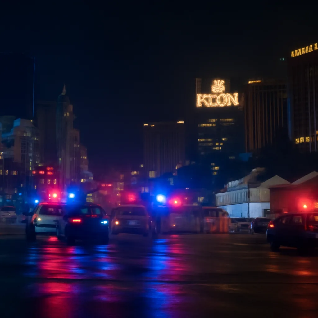 Las Vegas Strip at night with emergency vehicle lights and a police perimeter blocking access near a closed concert venue; signage and hotels visible in the background.