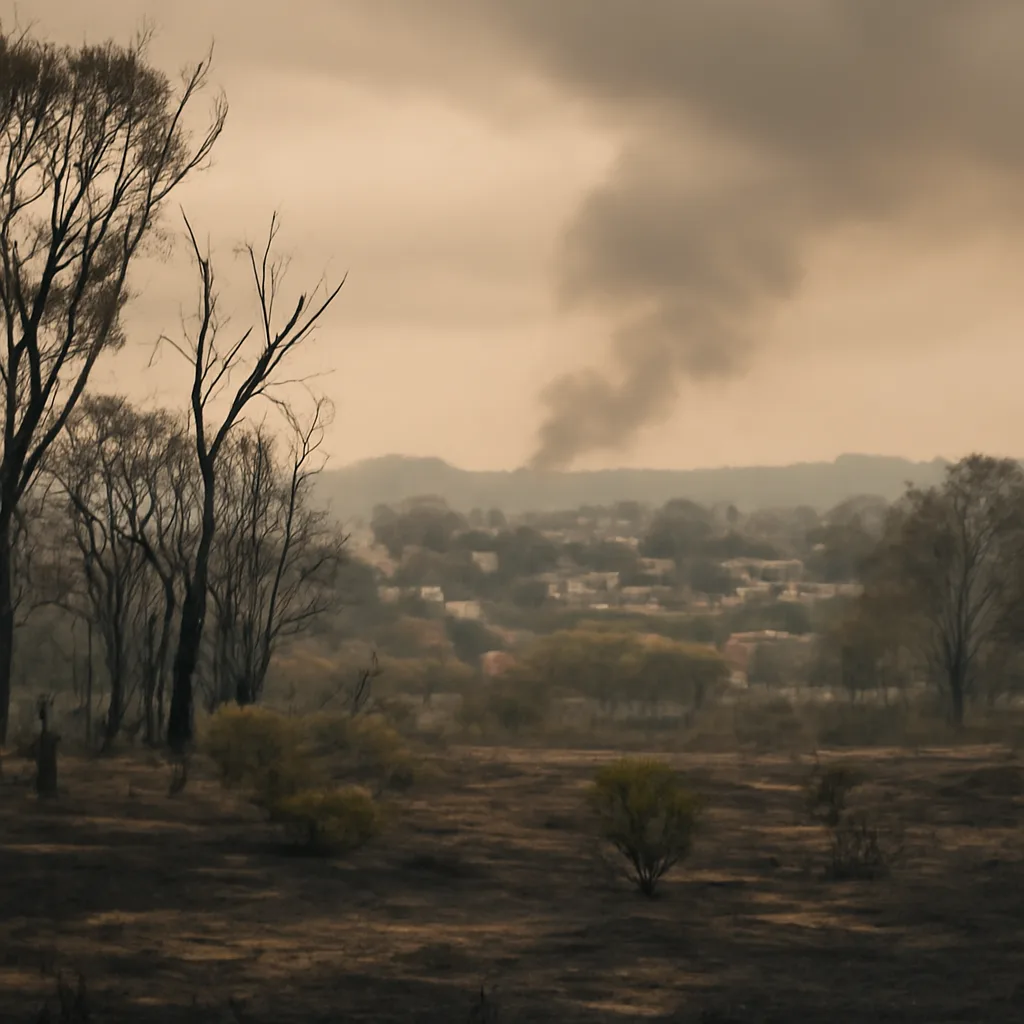 Wide view of a rural Australian landscape with smoke-filled sky, burned trees and a nearby town obscured by haze following late-2019 bushfires.