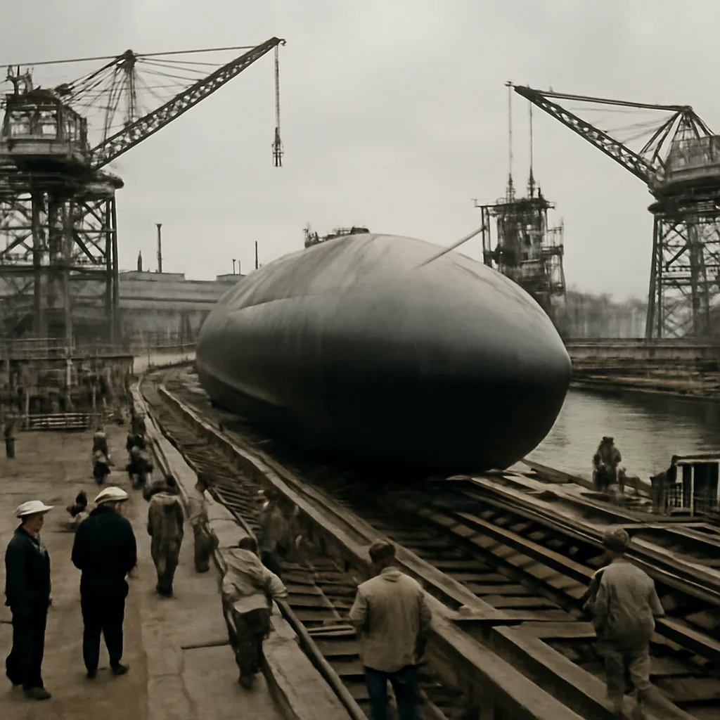 The U.S. Navy submarine USS Nautilus being launched at the Electric Boat shipyard in Groton, Connecticut, April 1954; a large cylindrical hull enters the water with cranes and shipyard buildings in the background.