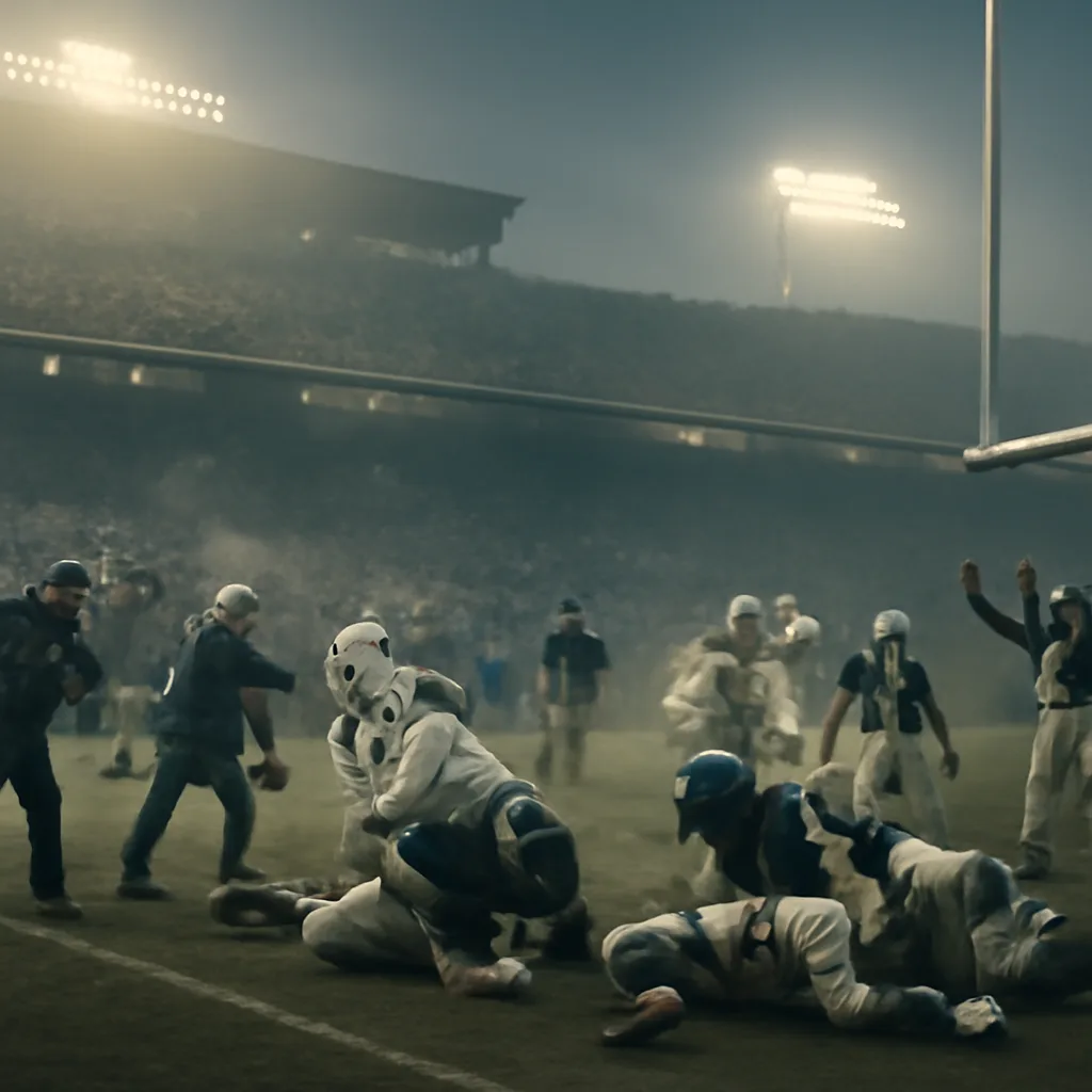 Football stadium sideline scene showing a fumbled ball near the end zone with players scrambling; moment captures chaos after a blocked field-goal in a snowy Texas Stadium setting.