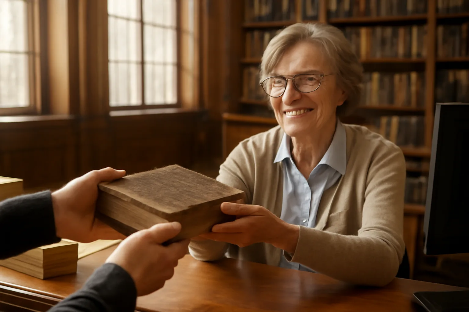 Old public library interior showing a librarian accepting a vintage book from a patron over a wooden desk bathed in sunlight