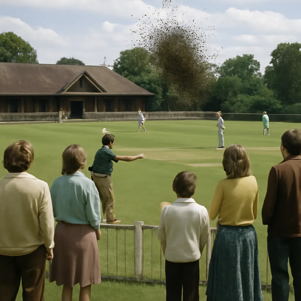 A grass cricket pitch bordered by spectators and a low pavilion, with people standing back from the boundary as a dense cluster of bees gathers over part of the outfield.