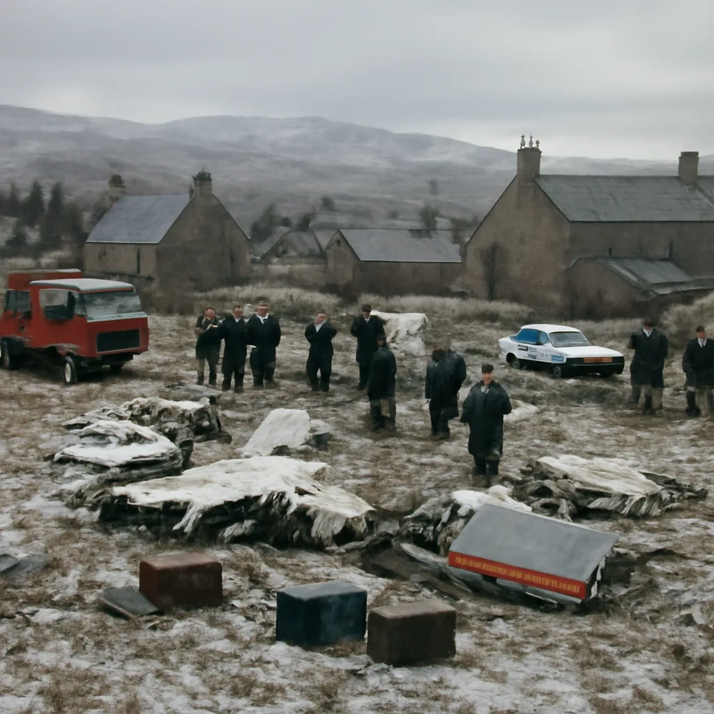 Debris-strewn rural landscape near Lockerbie with damaged buildings and emergency vehicles; investigators and local residents at the crash site in December 1988.