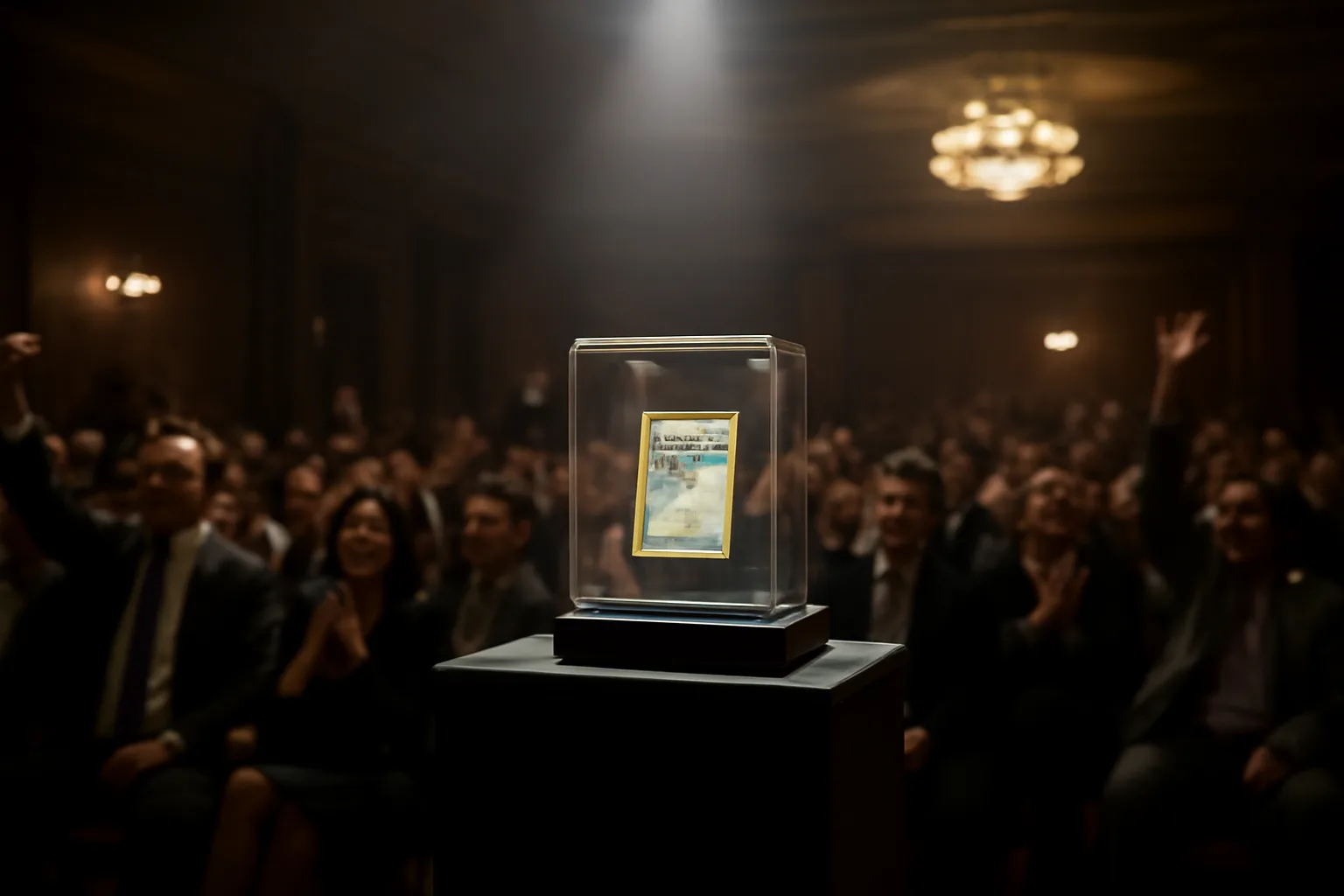 an auction hall with people gathered around a well-lit display case showcasing a rare holographic Pokémon card