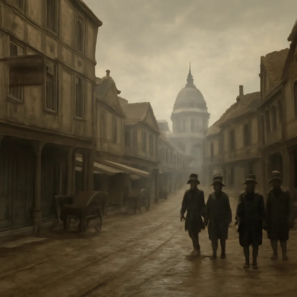 A 17th-century London street scene showing closed playhouses, quiet market stalls, boarded houses, and city watchmen patrolling near St. Paul’s Cathedral in summer attire of the period.