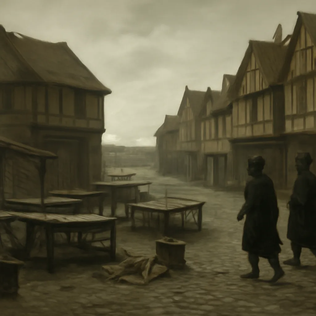 A wide 17th-century London street scene showing empty market stalls, closed theater entrance, watchmen on patrol, and houses with shutters closed.