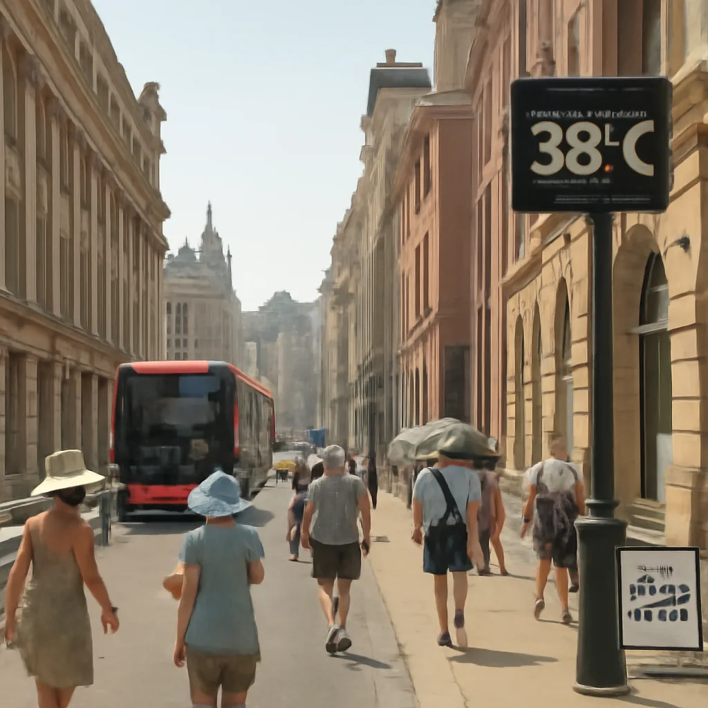 Crowded London street on a hot summer day with people using sun hats and water bottles near bus stops; heat haze visible and a digital temperature display showing high readings.