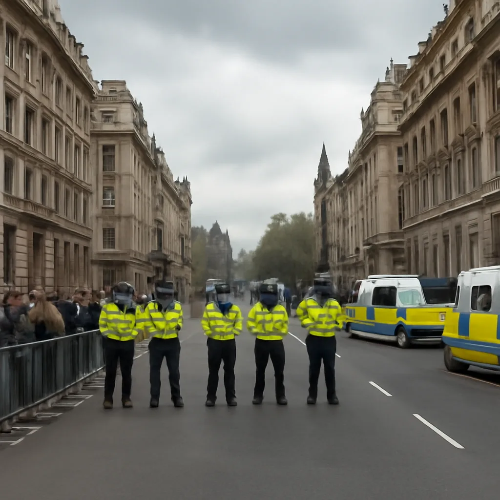 Police cordon and emergency vehicles outside central London landmark with officers controlling pedestrian access and a cleared street.