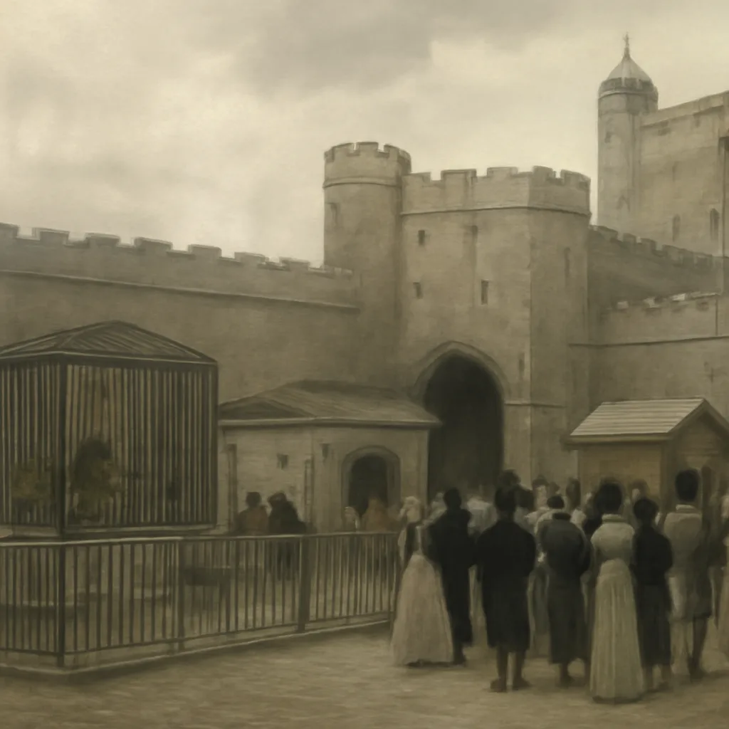 Visitors viewing cages and enclosures of the Tower of London menagerie in the early 19th century, showing animals such as lions and bears in period ironwork enclosures and visitors in Regency-era dress at a distance.