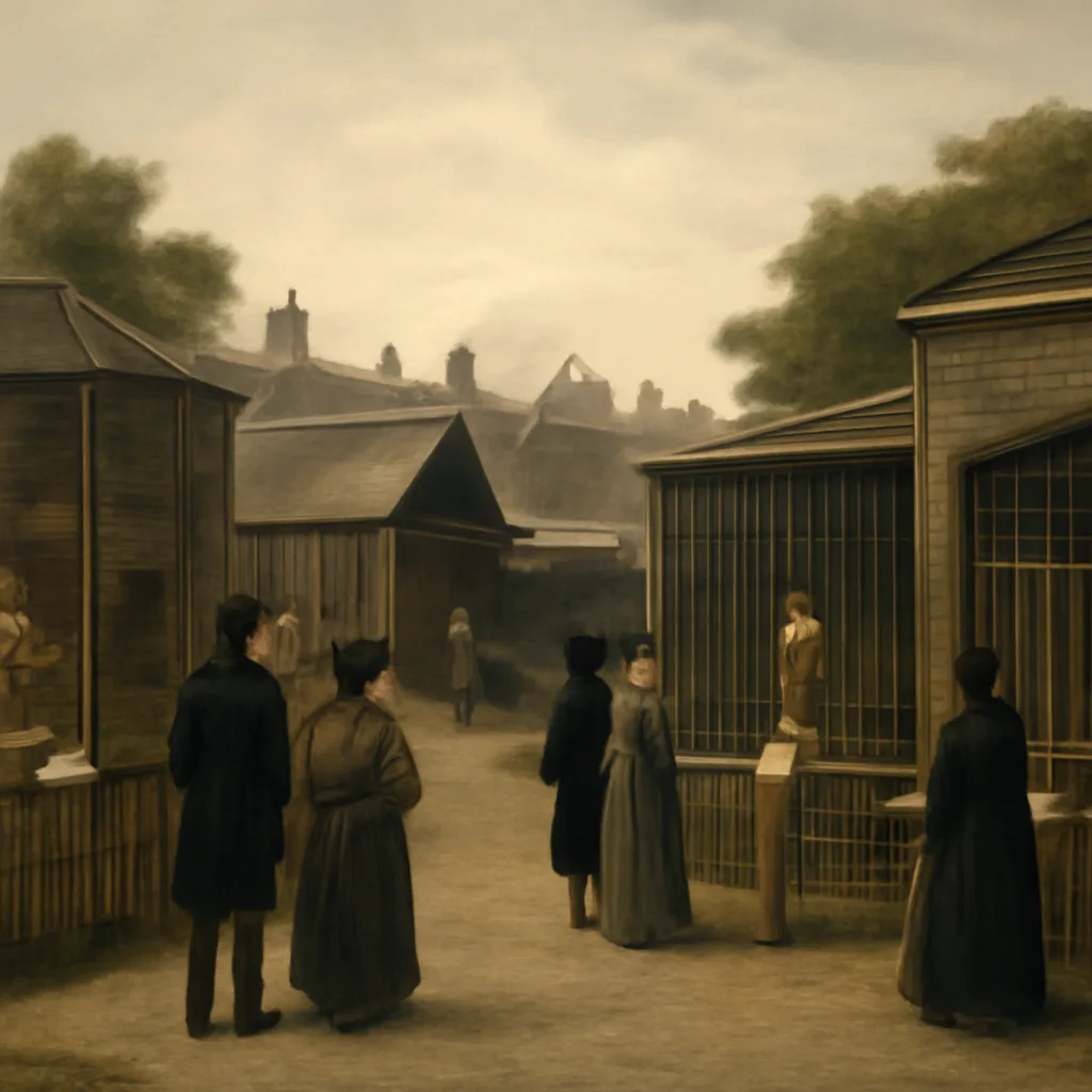 A 19th-century London outdoor animal collection showing caged exotic birds and a fenced area with a small ungulate, visitors in period dress viewing the enclosures.