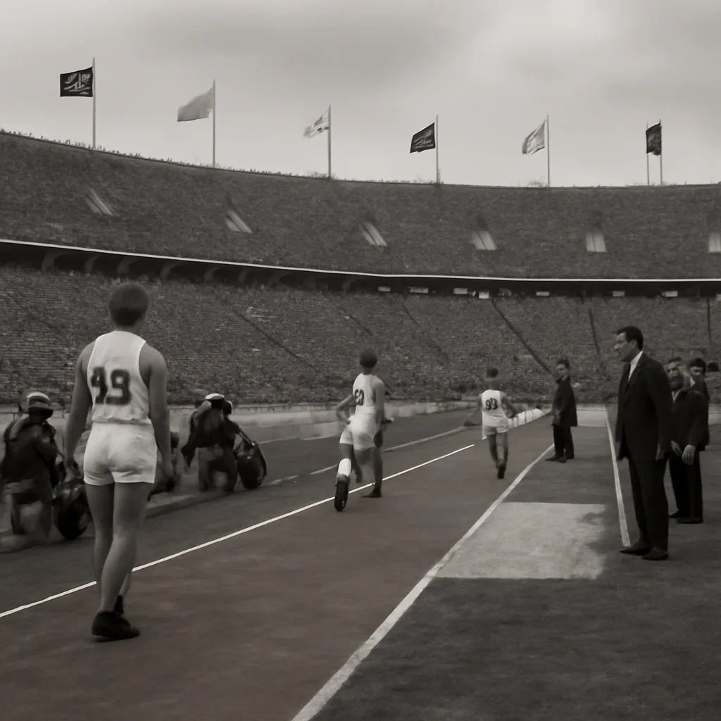1936 Olympic long jump runway and sandpit at the Berlin stadium showing athletes and officials in 1930s sports attire.