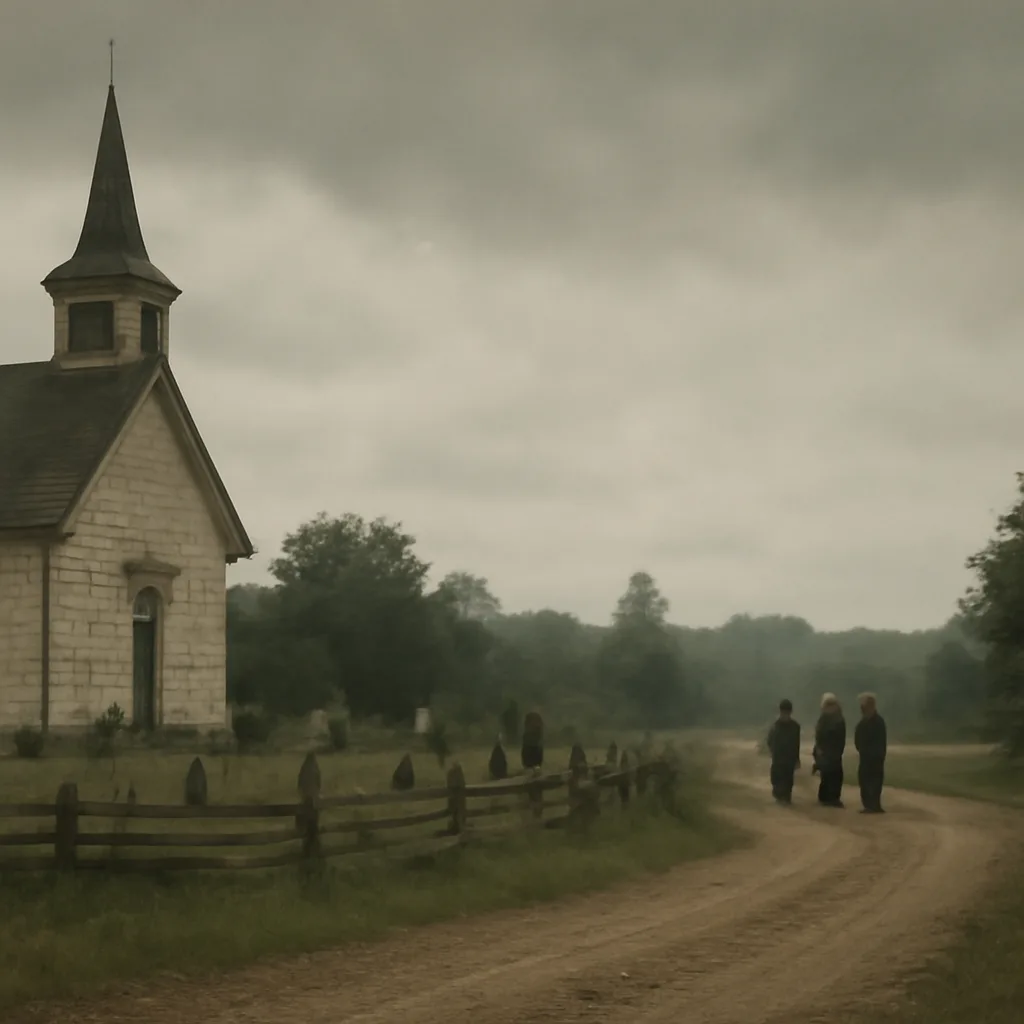 A 1930s small-town cemetery and churchyard with simple gravestones and a modest wooden fence under overcast sky, suggesting historical rural setting and local mourning.