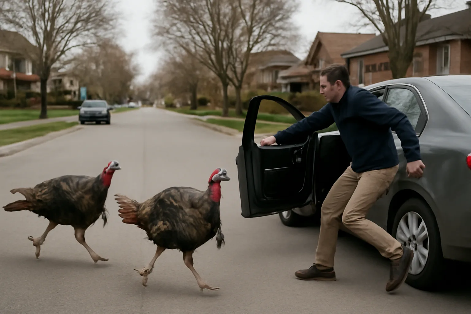 A man climbing into an open car door while two turkeys chase him on a suburban street