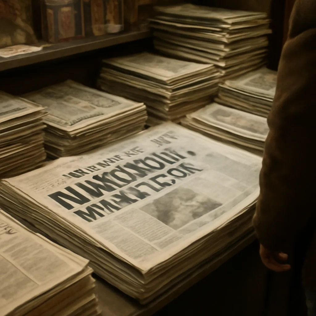 Newspaper stand and stack of 1980s newspapers headlined with a story about prolonged sneezing; interior scene with printed headlines and a visible dateline from December 1981.