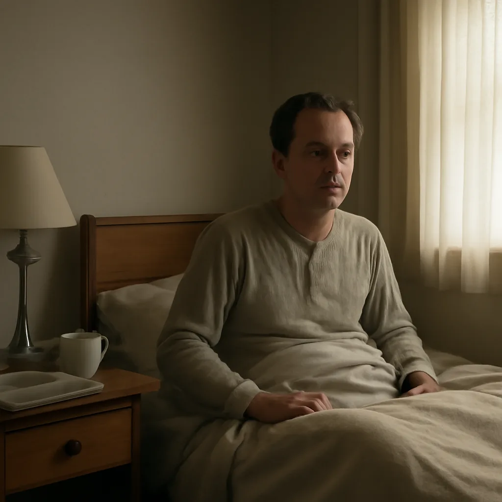 A bedroom interior with a man sitting upright in bed at dawn, a bedside table with a lamp, and a Welsh-language newspaper folded nearby.