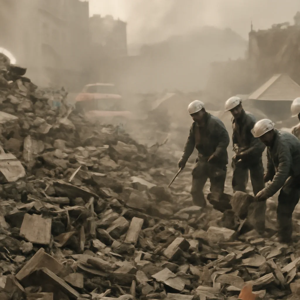 Collapsed multi-story building rubble with rescuers and basic equipment searching among concrete slabs and twisted rebar; distant ambulances and temporary shelters visible.