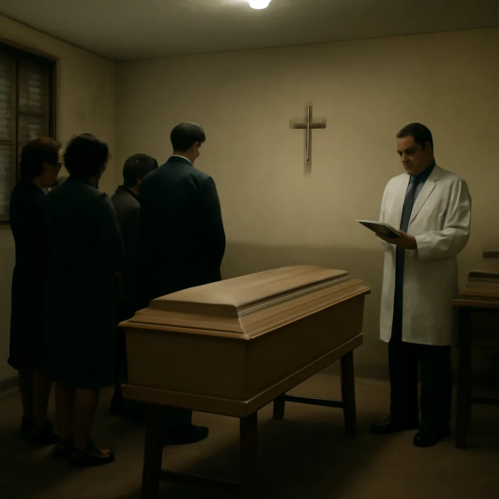 A closed wooden coffin in a modest mortuary room with mourners and a clinician nearby; scene conveys somber atmosphere without identifiable faces.