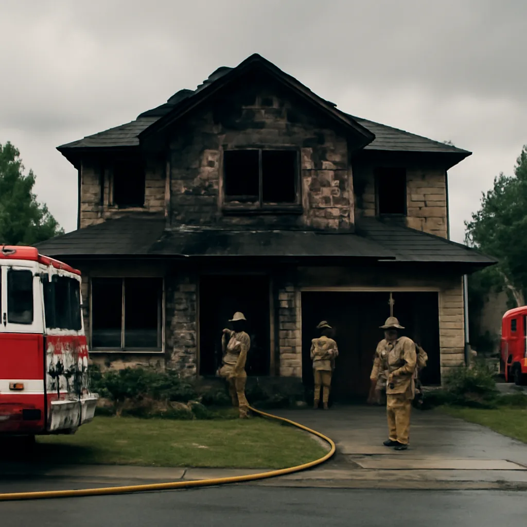 A damaged single-family house with charred siding and broken windows, emergency vehicles parked outside and firefighters at the scene.