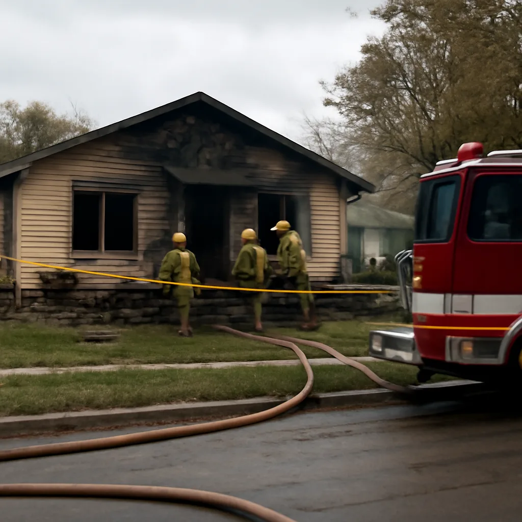 A single-story suburban house with front char and boarded windows after a fire; a fire truck parked outside and firefighters' hoses on the lawn.