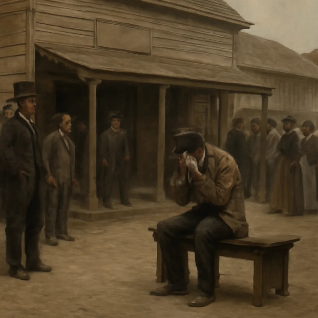 Mid-19th-century street scene with a small group gathered outside a wooden tavern; a man sits on a bench tending to his head while others look on, clothing and street details typical of 1840s America or Europe.