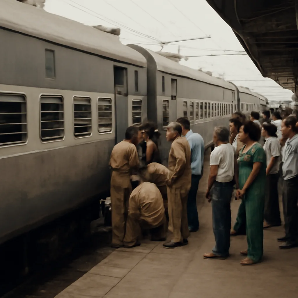 Scene of a crowded Indian railway platform in the 1990s with two adjacent passenger trains and station staff attending to an incident between the carriages.