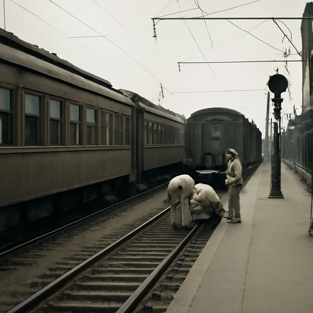 A railway platform and adjacent tracks with two trains close together; emergency personnel and responders working near a gap between cars (no identifiable faces shown).