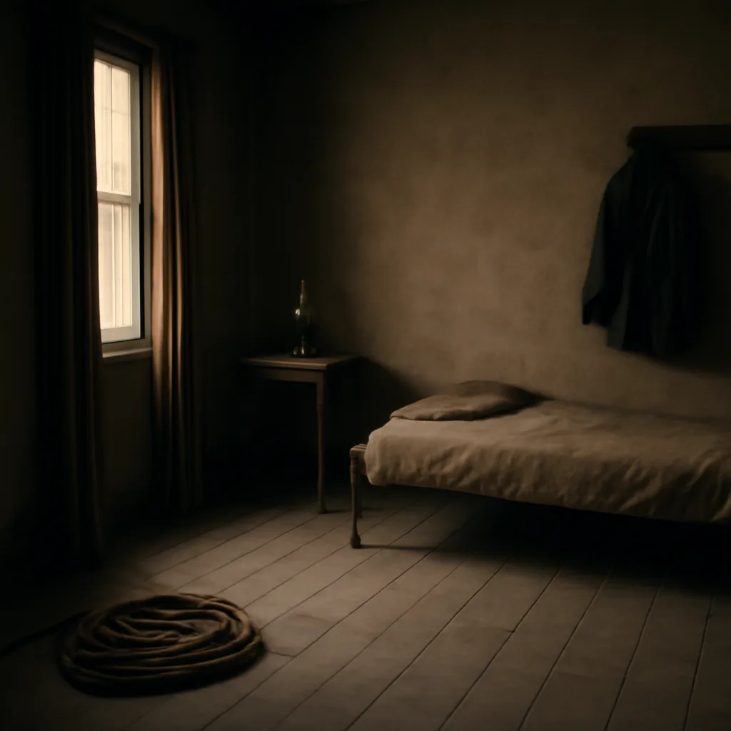 Late 19th-century street or boarding-house interior showing a broken coarse rope lying on wooden floorboards beside a doorway; period furnishings and subdued lighting suggest an 1890s setting.