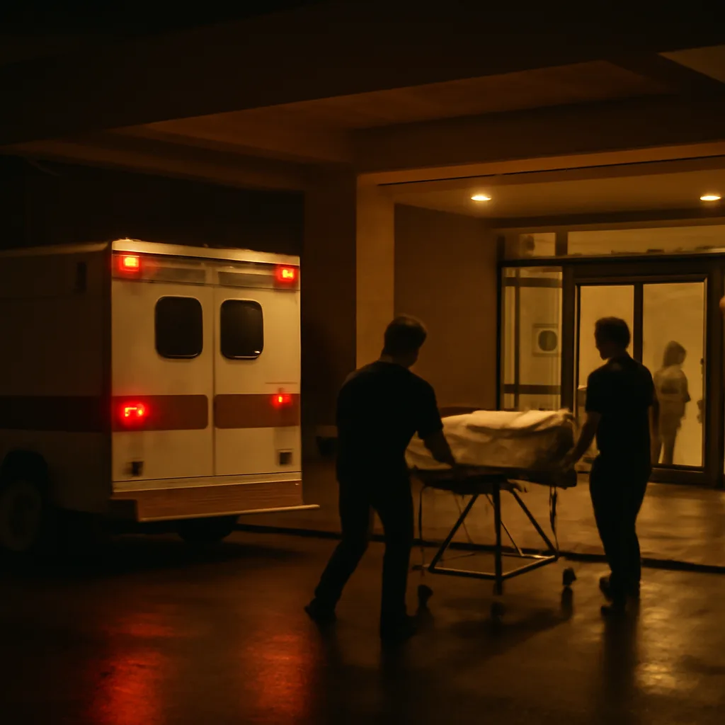 Exterior of a hospital emergency entrance at night, illuminated by lights, with an ambulance bay and medical staff silhouettes moving toward the doors.