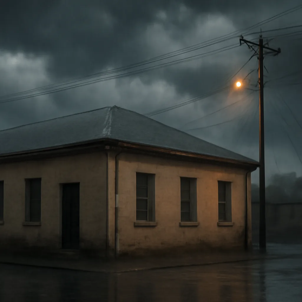 Exterior view of a modest building on a stormy day, wet pavement and dark clouds visible, no identifiable people.