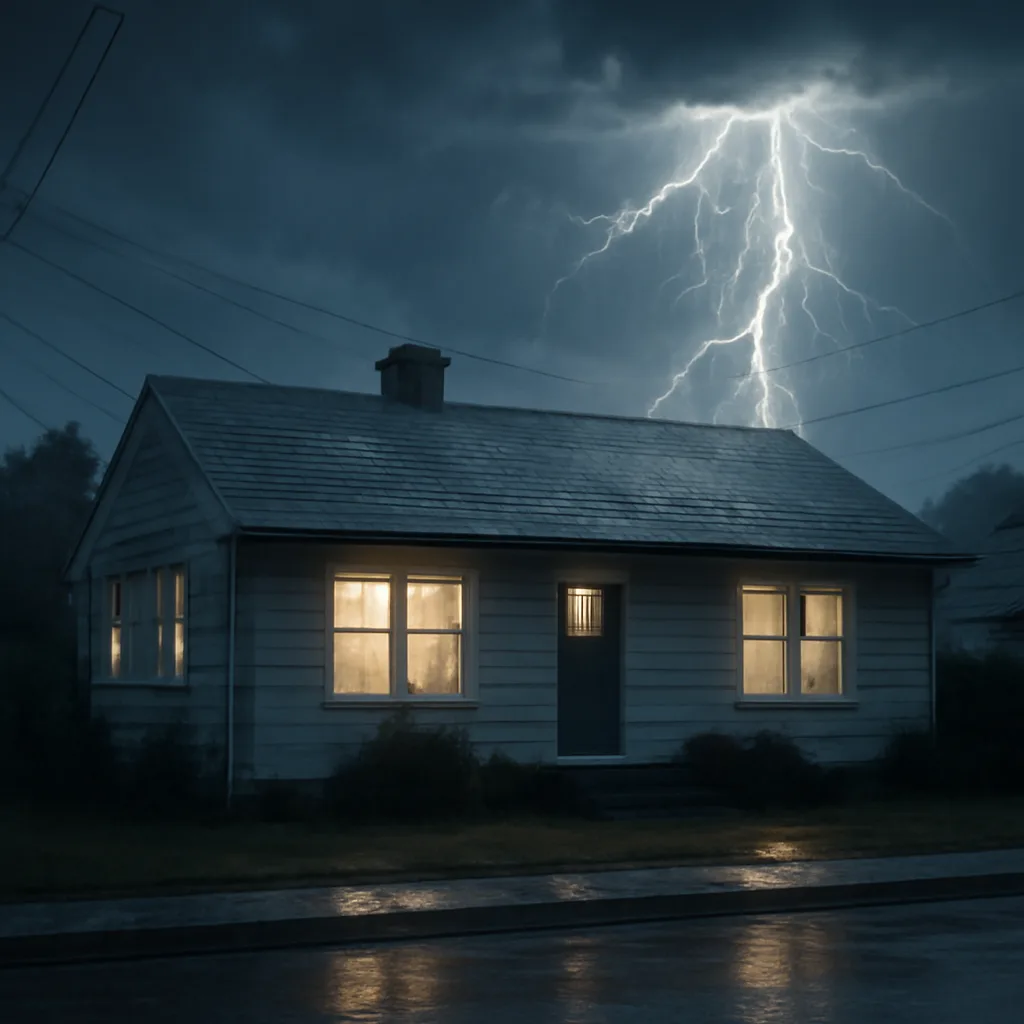 Exterior of a suburban house during a storm at dusk, wet roof, and lightning flash in the sky; no people visible.