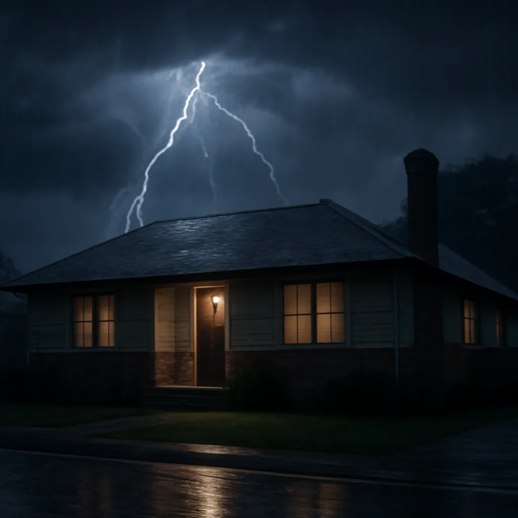 A mid-20th-century house at night during a thunderstorm, with rain and distant lightning illuminating the roof and chimney.