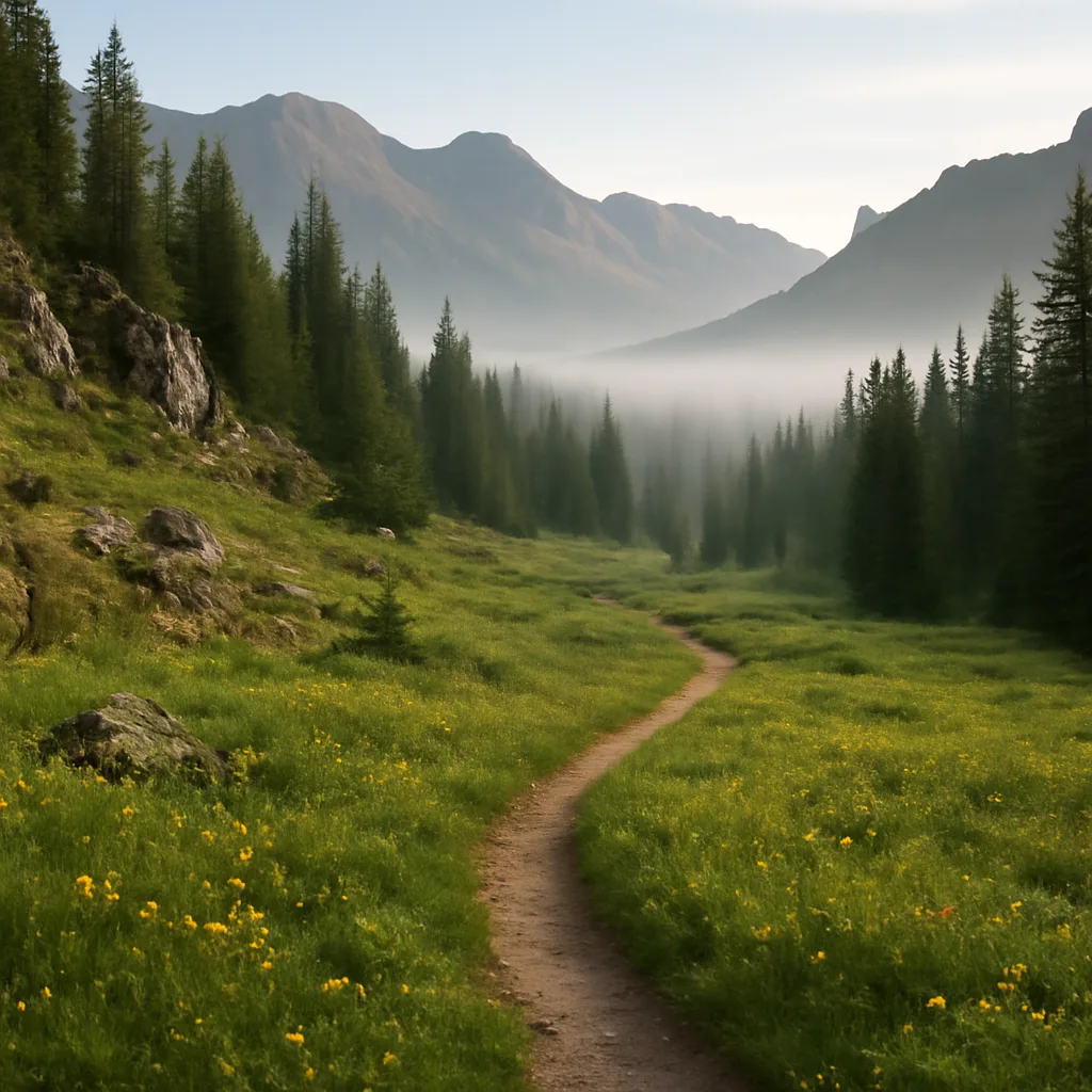 Remote Montana backcountry trail near dense conifer forest and rocky outcrops at dawn, illustrating habitat where grizzly bears and mountain lions roam; no people visible.