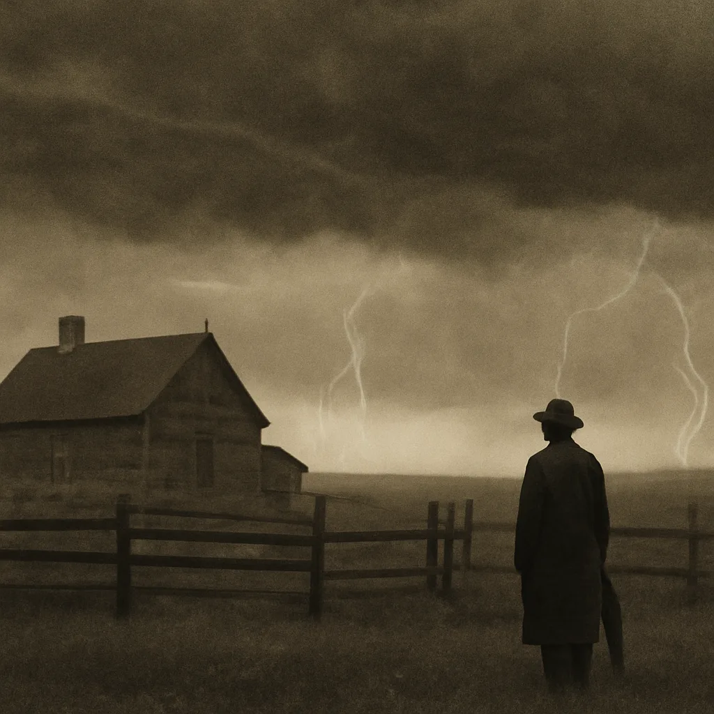 Early 20th-century rural scene with storm clouds gathering over a field and a small wooden farmhouse; a lone figure (unidentified) stands at a distance under an umbrella while lightning forks in the sky.