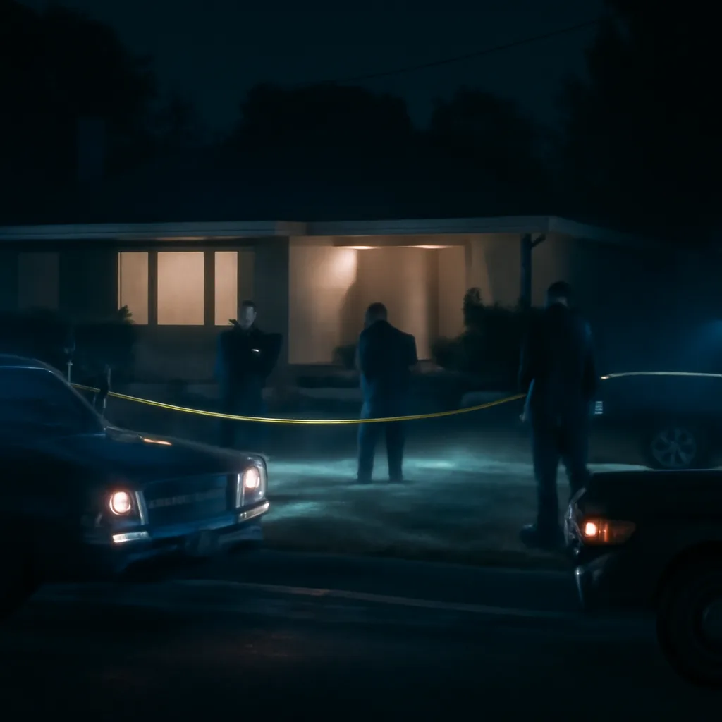 Exterior view of a late-1960s single-family house on Cielo Drive at night, police cars with flashing lights parked outside, yellow crime-scene tape cordoning the property; period cars and attire visible in the scene.