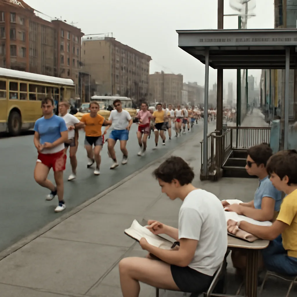 A 1980s city street marathon scene with runners passing by a subway entrance and volunteers at a checkpoint; period-appropriate clothing and signage visible but no identifiable faces.