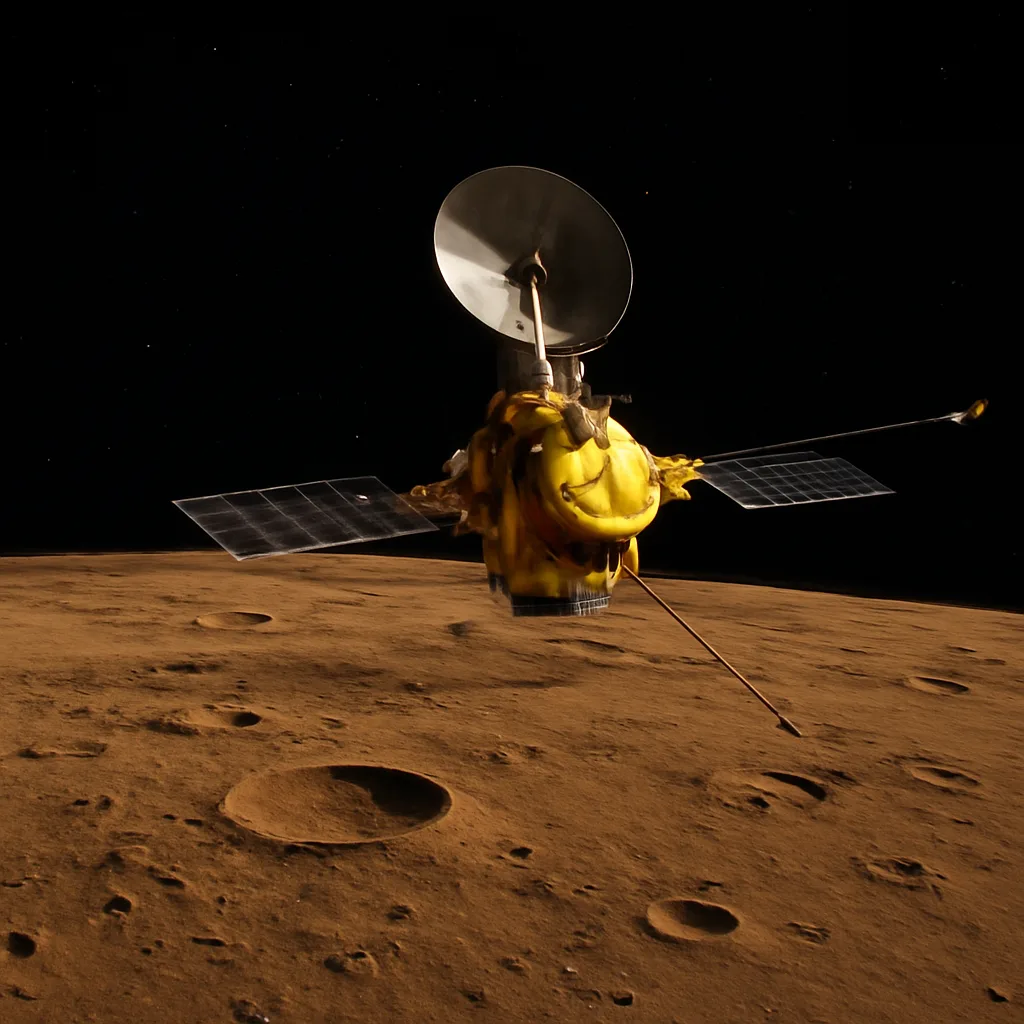 Mariner 4 spacecraft against a starfield with a cratered portion of Mars visible, showing cratered terrain and no signs of vegetation.