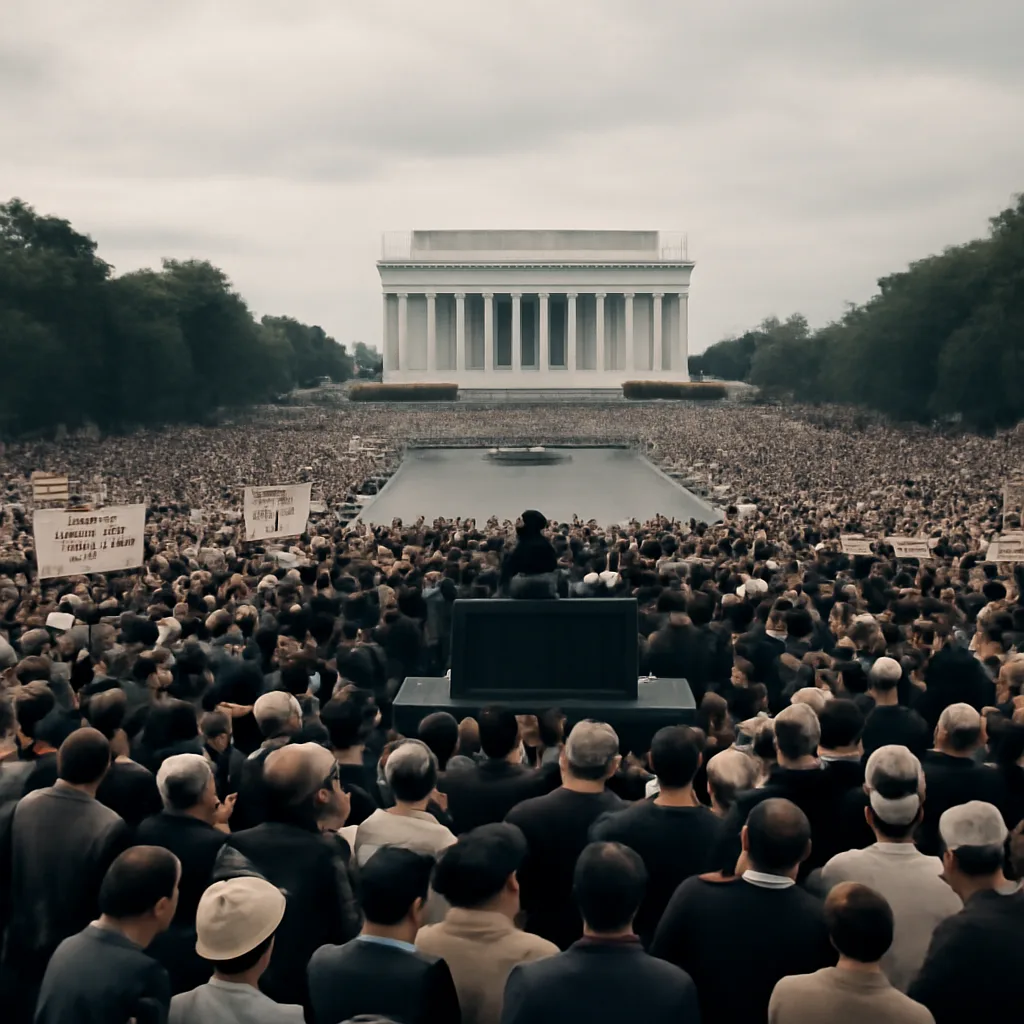 Crowd gathered on the National Mall in front of the Lincoln Memorial during the 1963 March on Washington; stage and speakers' platform visible with large assemblage of marchers extending across the Mall.