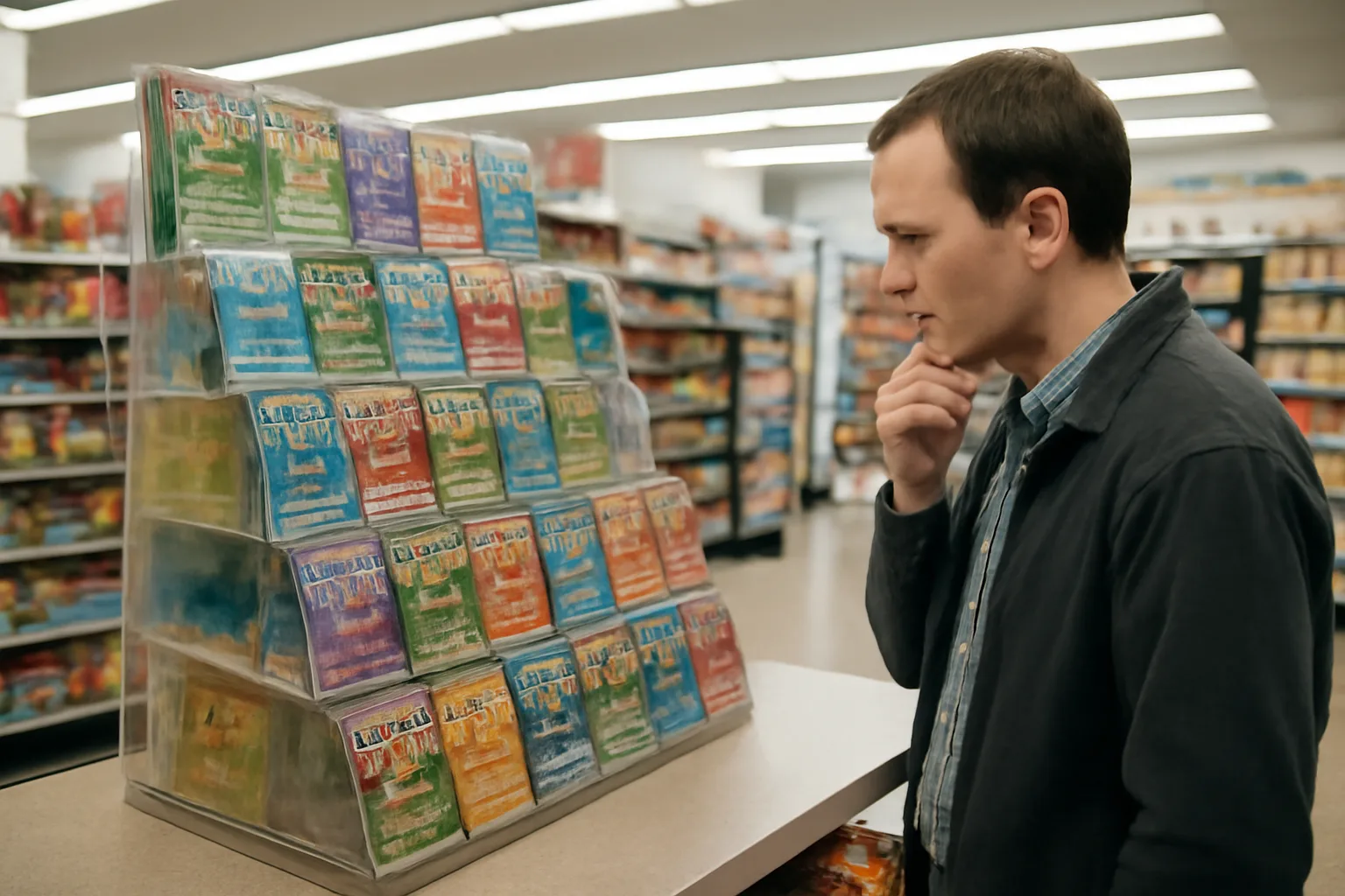 A customer standing hesitantly near a lottery ticket display inside a convenience store