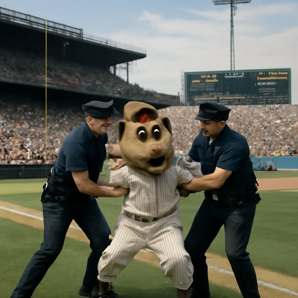 A costumed baseball mascot being restrained by stadium security on the field during a 1992 game, with spectators in the stands watching.