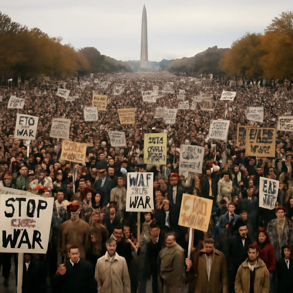 Crowd of protesters on the National Mall in Washington, D.C., October 1967, with signs and banners opposing the Vietnam War, densely packed near the Lincoln Memorial and surrounding open spaces.