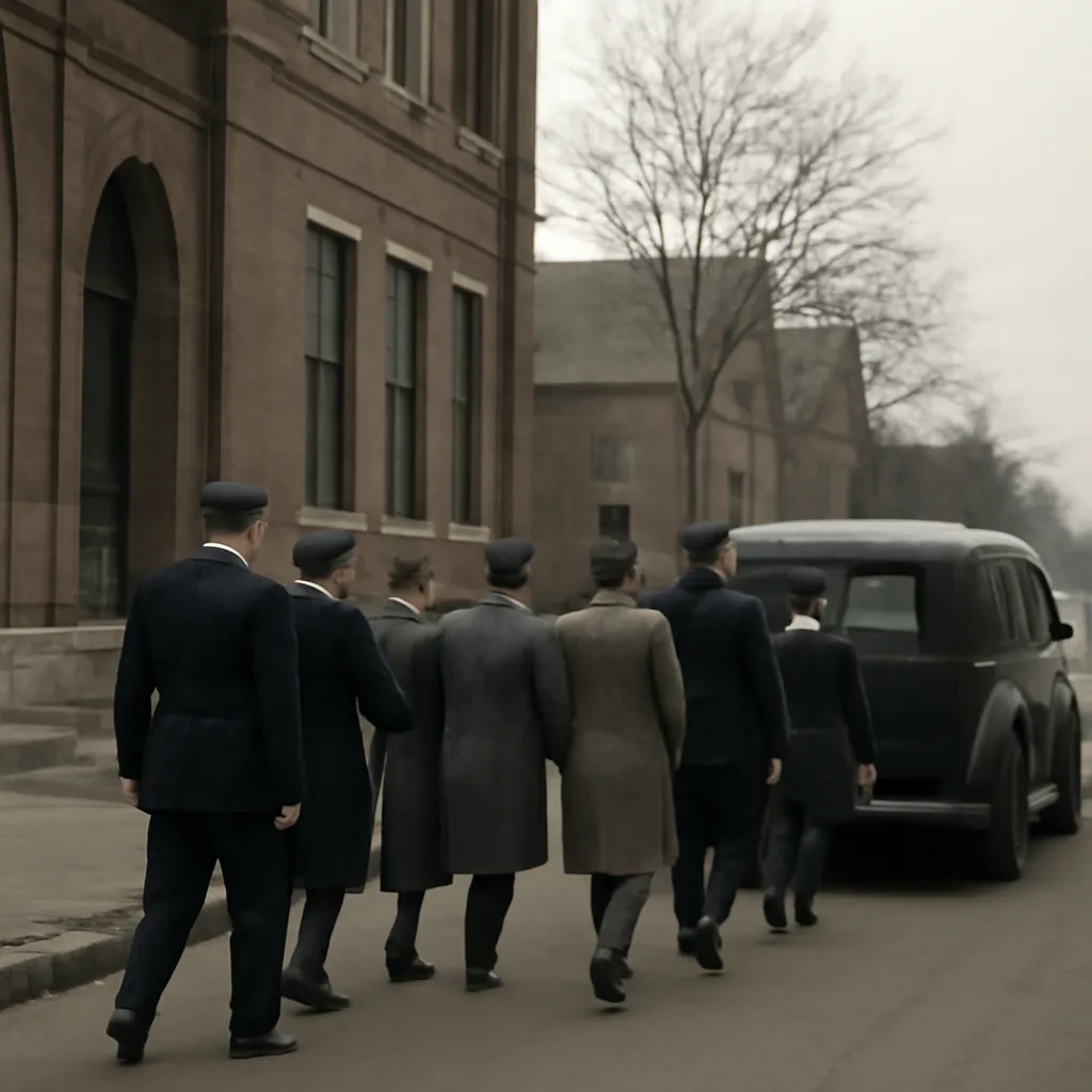 A 1940s municipal police station exterior with officers escorting several detained civilians in plain clothing toward a vehicle; period civilian buildings and wartime-era signage visible.