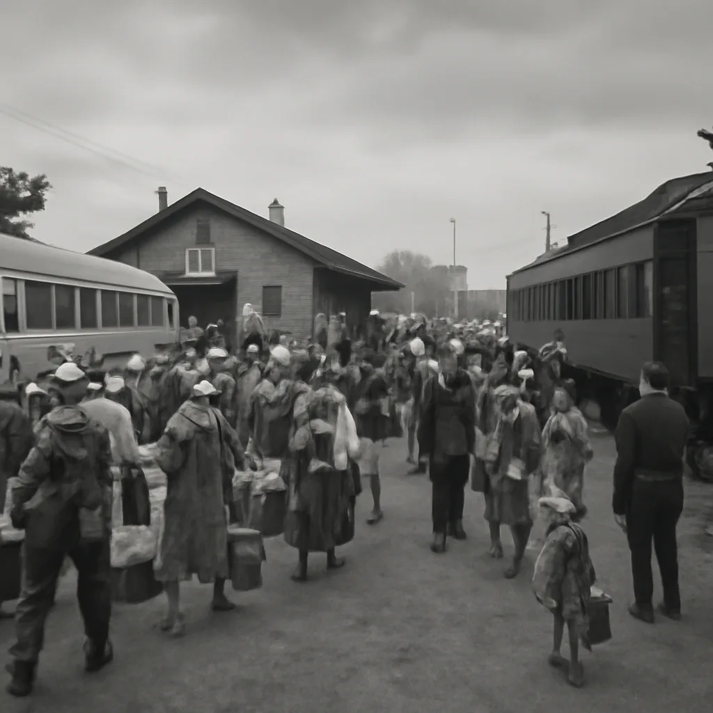 Crowds of mid-1950s civilians, packed suitcases and children, boarding buses and trains at a small-town station under overcast sky as officials supervise an organized evacuation.