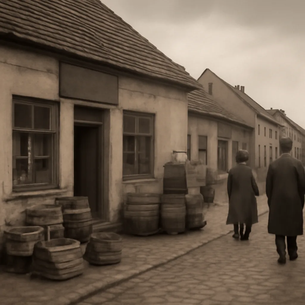 A 1920s Polish village shopfront and makeshift distillery setting with wooden barrels, glass bottles and crates of spirits displayed; no identifiable faces.