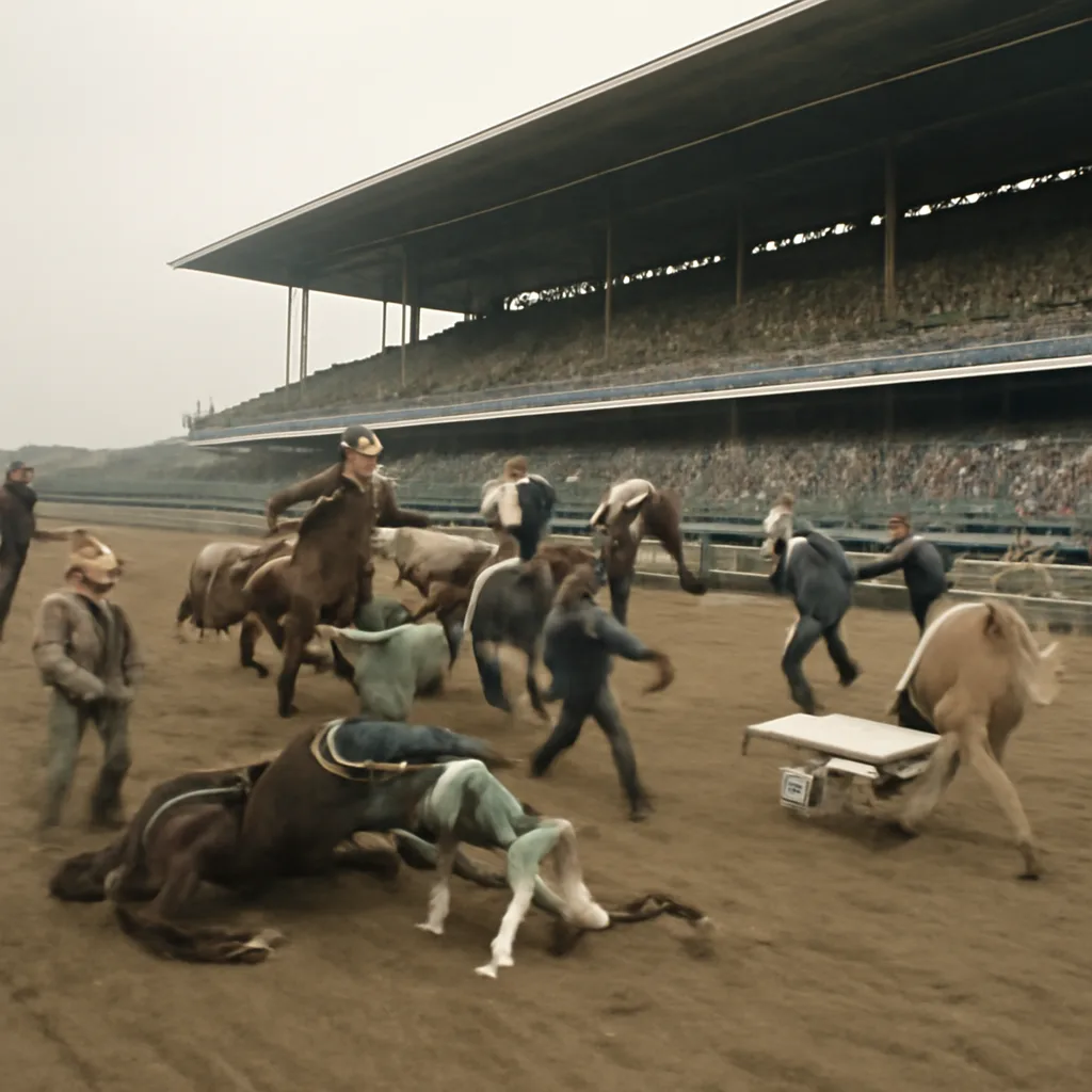 Wide view of a racetrack scene showing a group of racehorses and jockeys near a turn, some horses down and track personnel moving toward them, with an overcast sky and spectators in the distant grandstand.