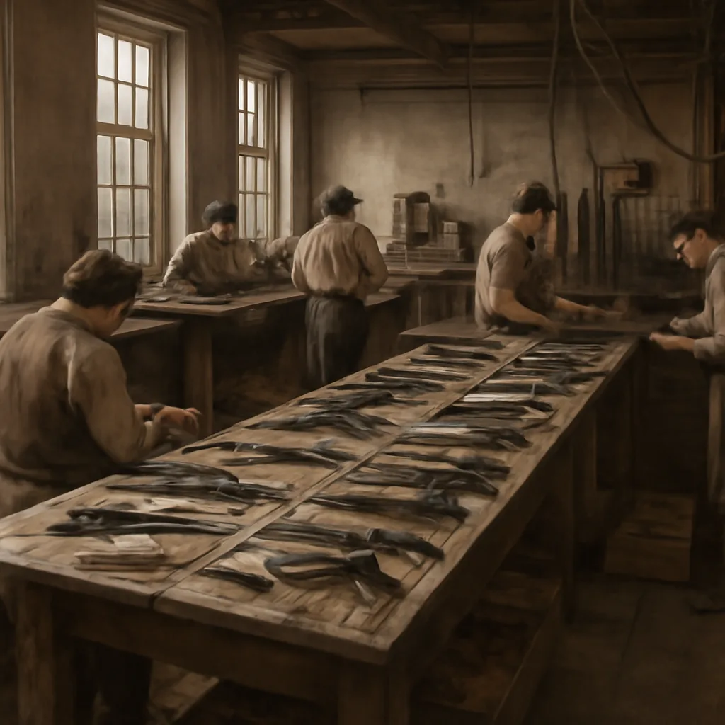 Crowded 1830s workshop showing early Colt revolvers and metalworking tools on benches, workers fitting parts, and wooden crates of pistol components.