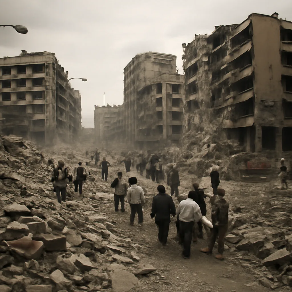Collapsed apartment buildings and rubble-strewn streets in central Mexico City after the September 19, 1985 earthquake, with rescue workers and volunteers among the debris.