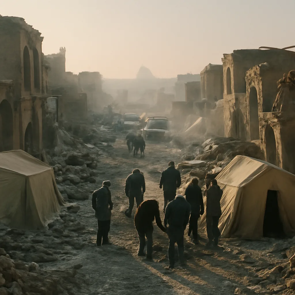 Collapsed mud‑brick buildings and rubble in a devastated urban district with emergency tents and responders among debris, winter light.