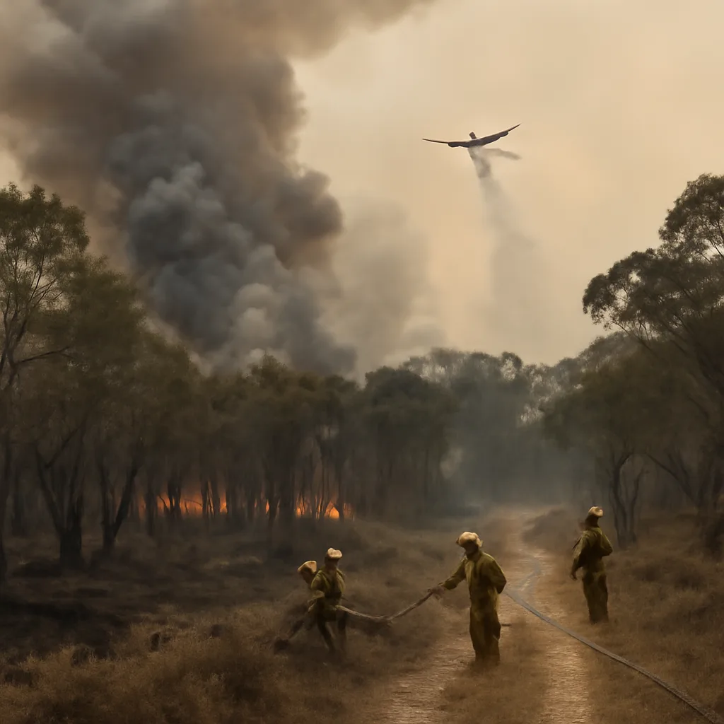A wide view of scorched Australian bushland and active smoke plumes rising above eucalyptus trees, with firefighters and water-bombing aircraft operating at distance.