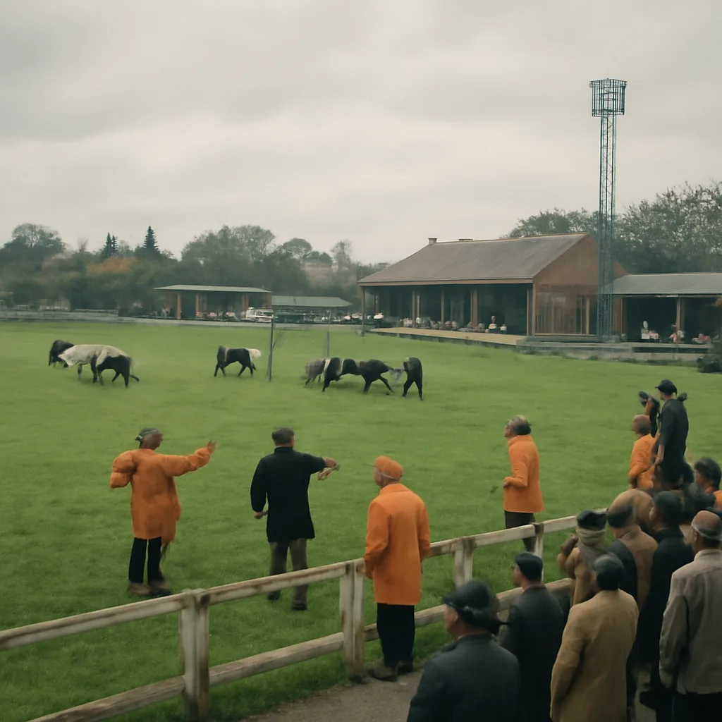 A grassy football pitch in the 1960s with a few cows grazing on the playing surface while a small crowd and ground staff look on from the sidelines.