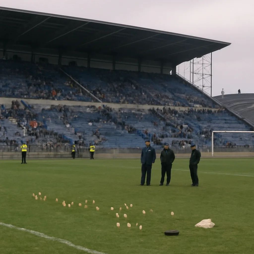 A football pitch with stewards and police near the penalty area, several small objects on the grass and empty stands beyond, photographed during daylight.